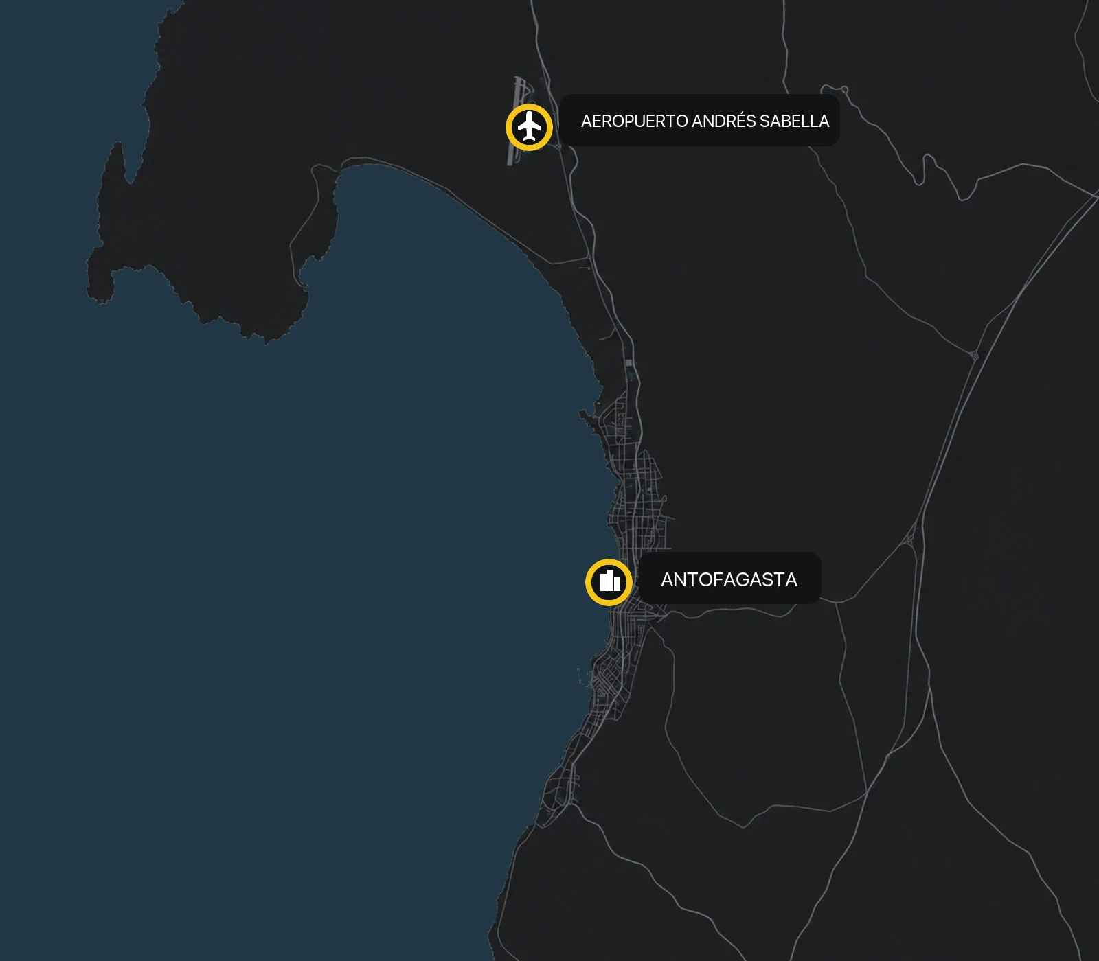 Mapa de la ruta entre Antofagasta y el Aeropuerto Andrés Sabella