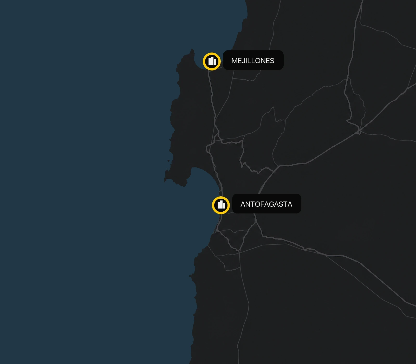 Mapa de la ruta entre Antofagasta y Mejillones